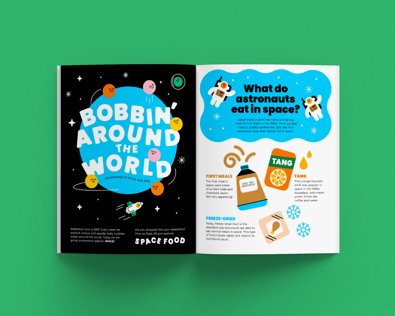 Children's magazine open to a page about space food on a green background