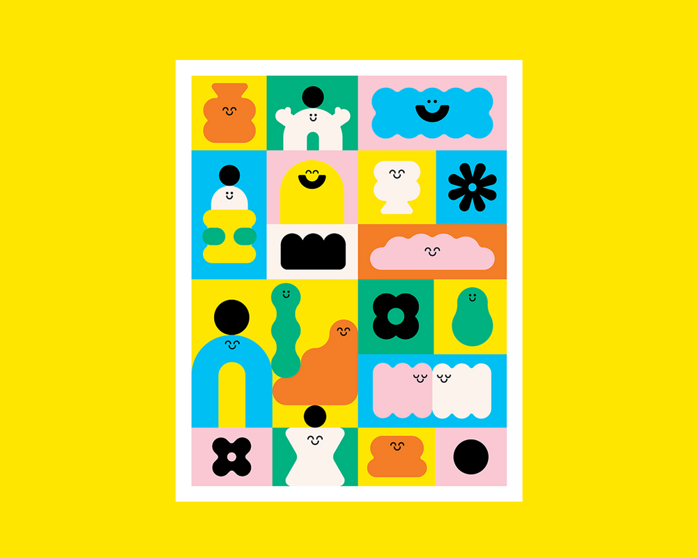 Colorful abstract pattern of happy characters on a yellow background