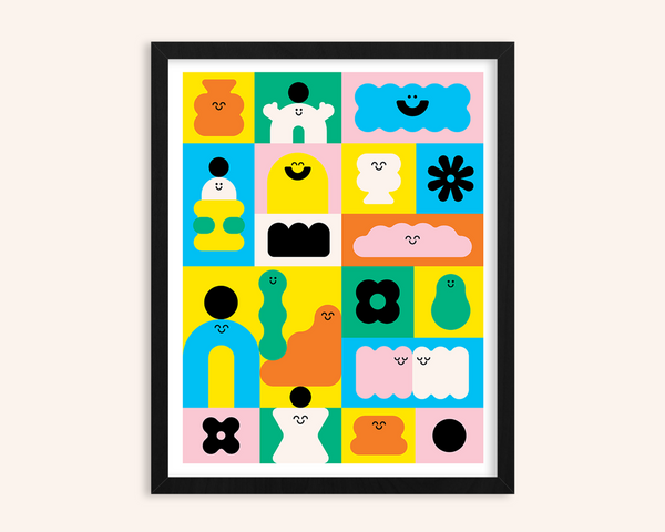Framed colorful abstract art print with happy characters on a white background
