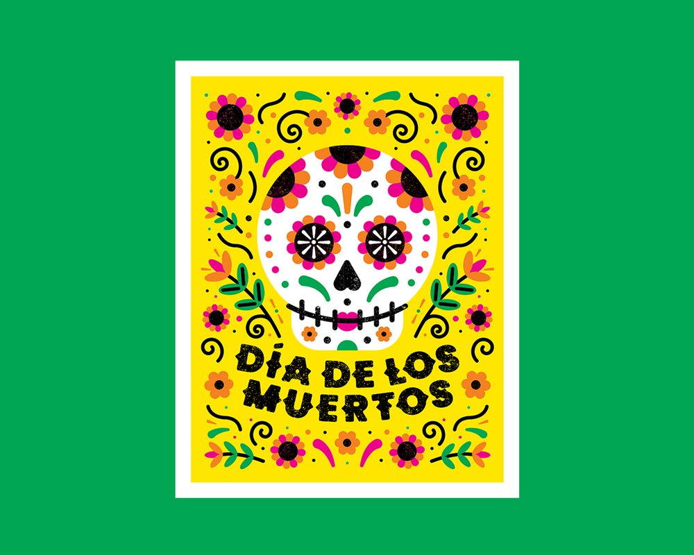 Colorful 'Dia de los Muertos' design with a sugar skull on a yellow background.