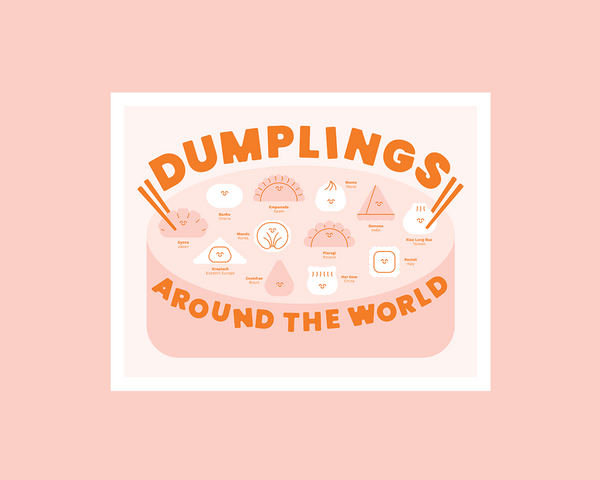 Poster with 'Dumplings Around the World' text on a pink background
