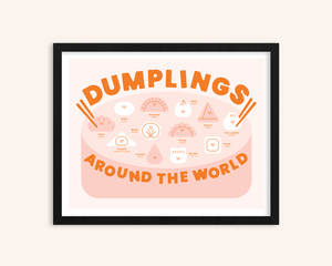 Framed artwork with 'Dumplings Around the World' text on a light pink background