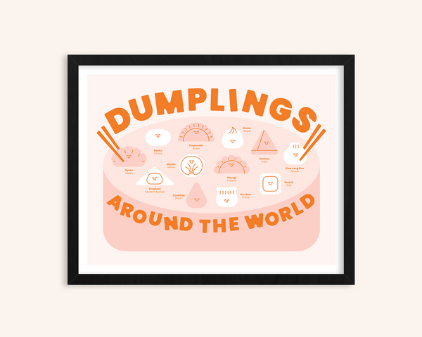 Framed artwork with 'Dumplings Around the World' text on a light pink background