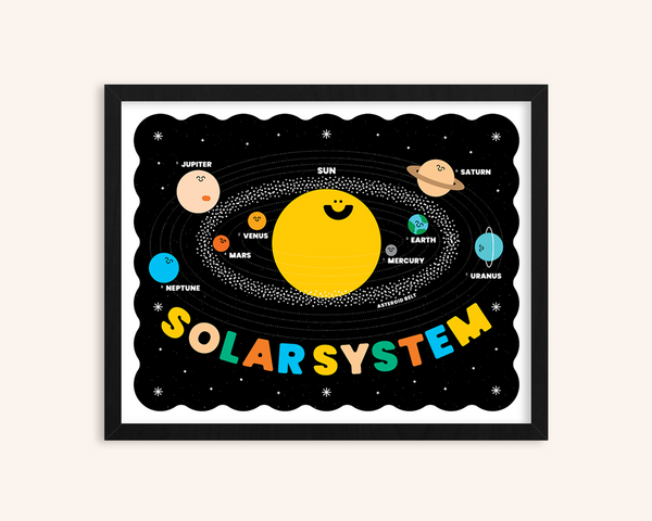 Framed diagram of the solar system with colorful planets and stars on a black background.