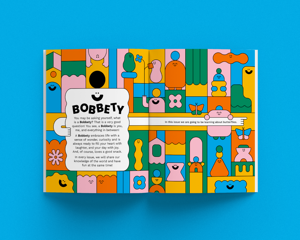 Magazine cover of 'Bobbety' with a colorful butterfly illustration on a blue background