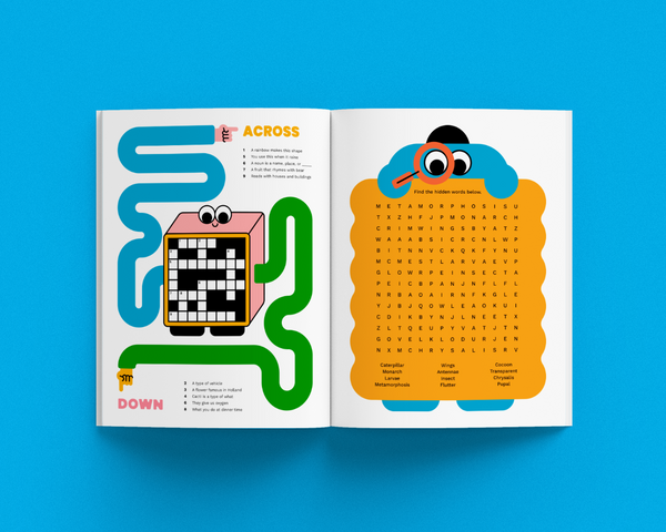 Bobbety magazine spread of a crossword puzzle and word search game. 