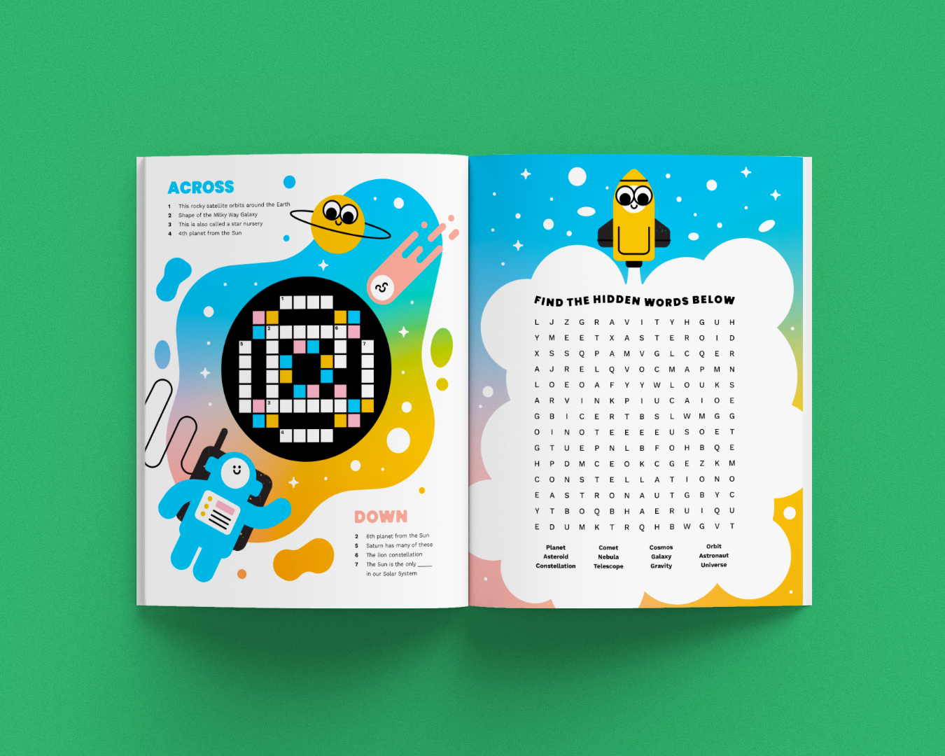 Bobbety magazine spread of a space themed crossword puzzle and word search game.