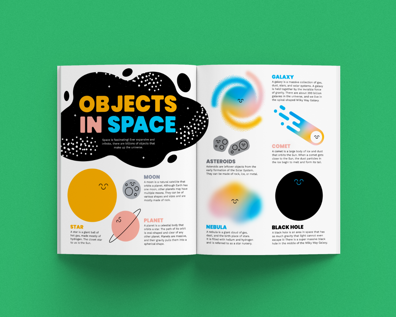 Open magazine showing educational content about objects in space on a green background