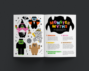 Open magazine showing illustrations of Halloween monsters with text on a dark background