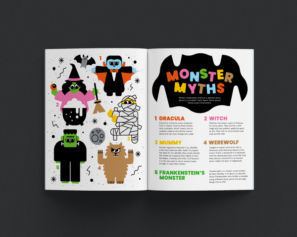 Open magazine showing illustrations of Halloween monsters with text on a dark background