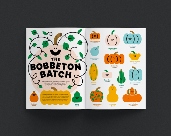 Open magazine showing illustrations of pumpkins and gourds with text on a dark background