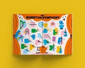 Illustrated magazine spread of 'The Bobbeton Symphony' with colorful musical instruments on a yellow background