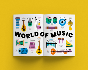 Open magazine spread showing illustrations of musical instruments with 'World of Music' text on a yellow background