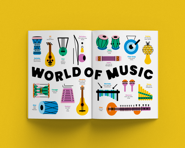 Open magazine spread showing illustrations of musical instruments with 'World of Music' text on a yellow background