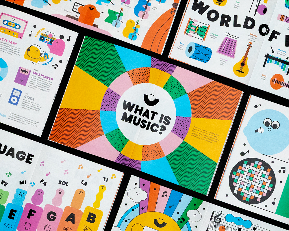 Colorful educational magazine spreads about music with a central 'What is Music?' spread.