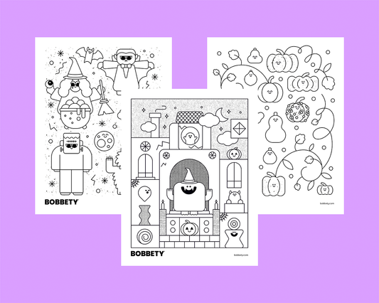 Three coloring pages with Halloween-themed illustrations on a purple background, featuring the brand 'Bobbety'.
