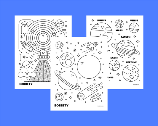 Three coloring pages with space-themed designs on a blue background, featuring the brand 'Bobbety'.