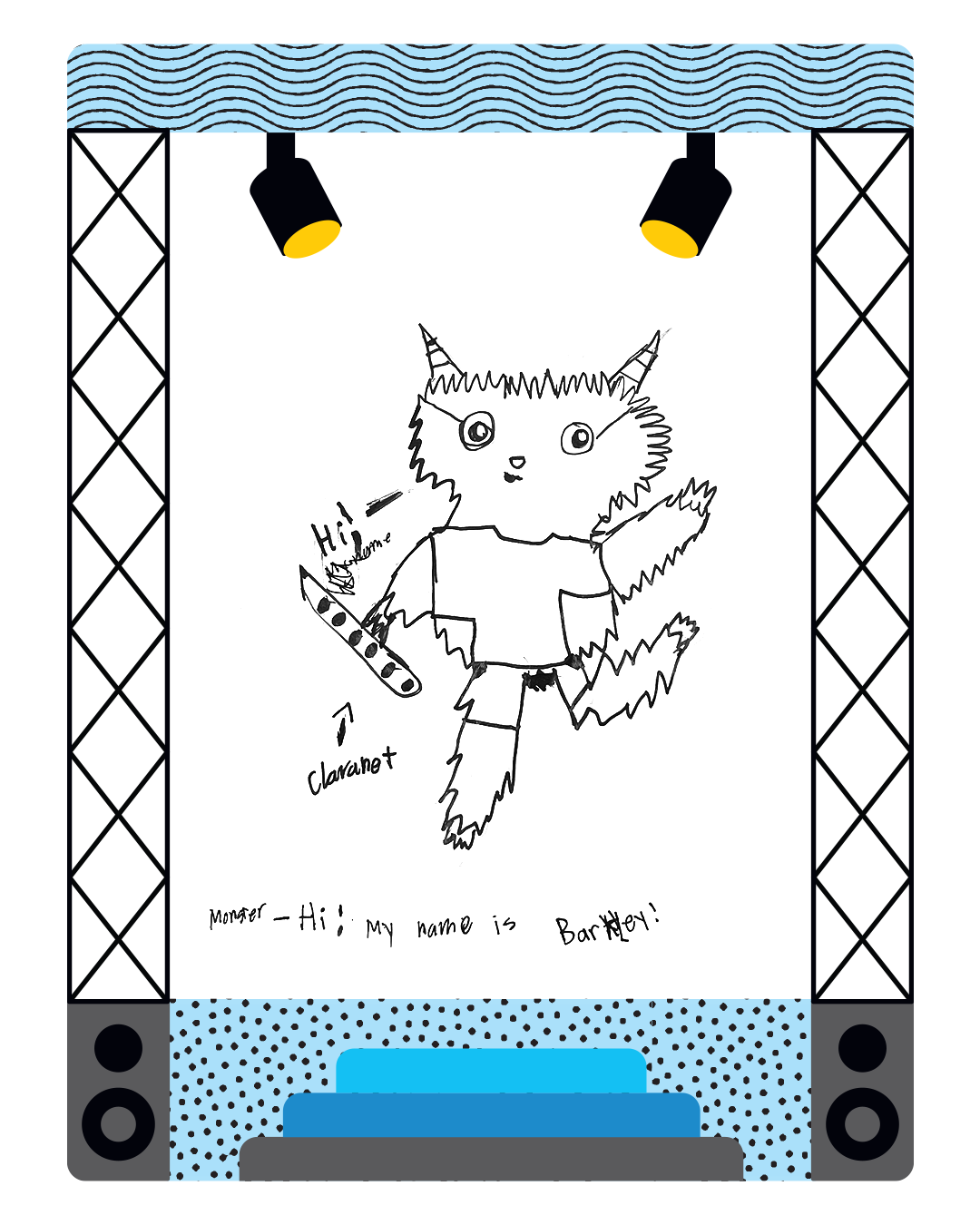 Cartoon cat character on a stage with spotlights and a blue curtain