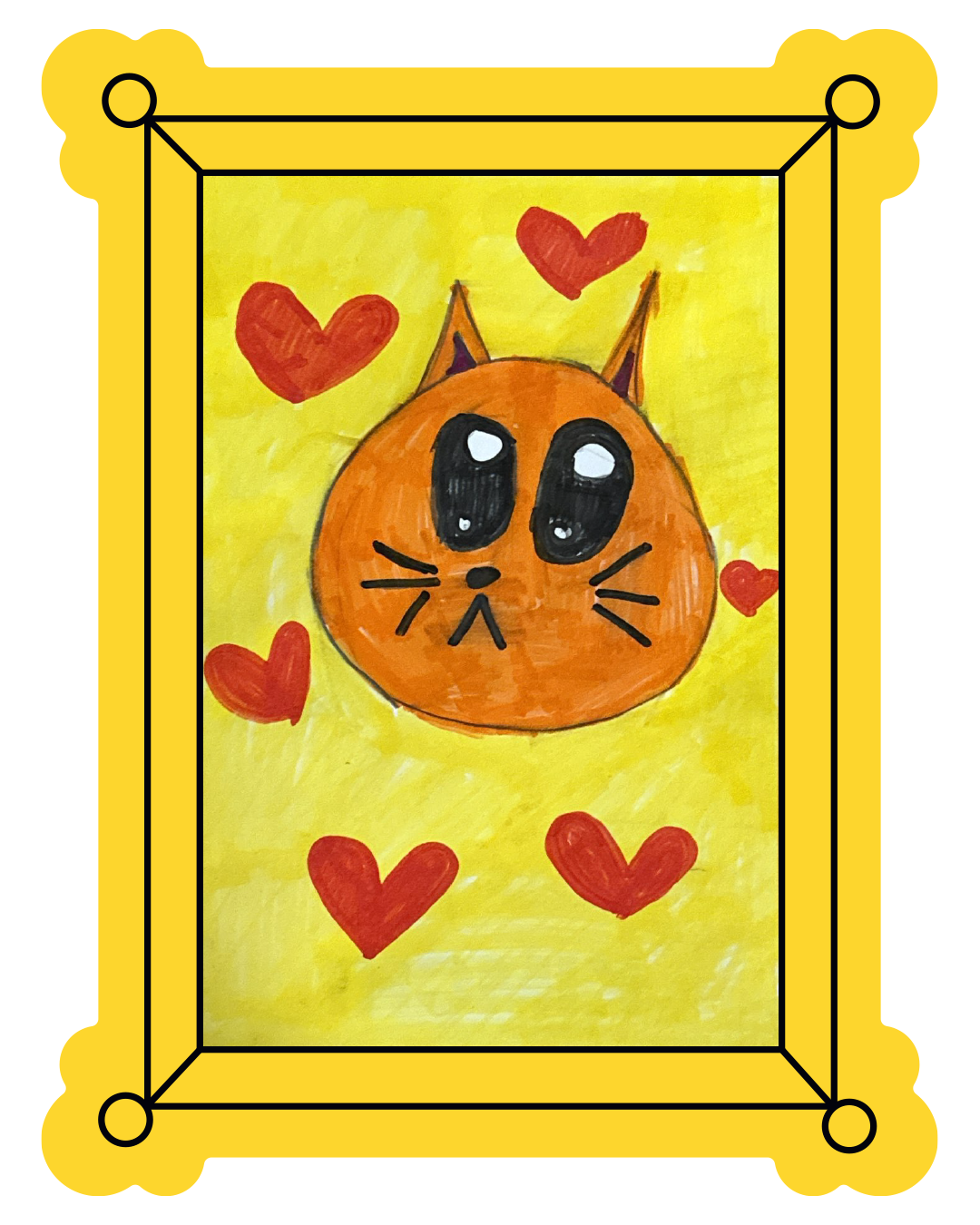 Cartoon cat face with red hearts on a yellow background