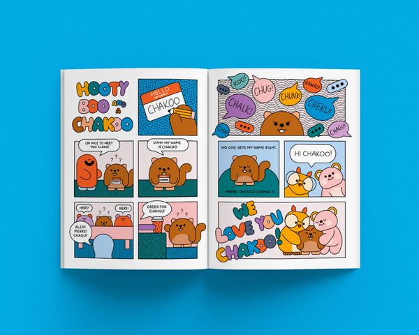Comic strip in magazine with cartoon characters on a blue background