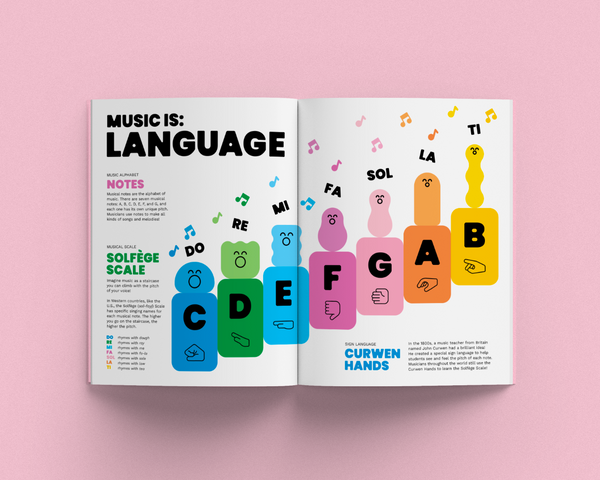 Open book with colorful musical notes and text on a pink background
