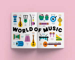 Open book showing illustrations of musical instruments with 'World of Music' text on a pink background