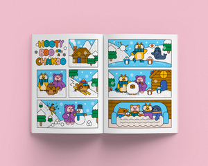 Open book showing a comic featuring an owl, bear, and a squirrel.