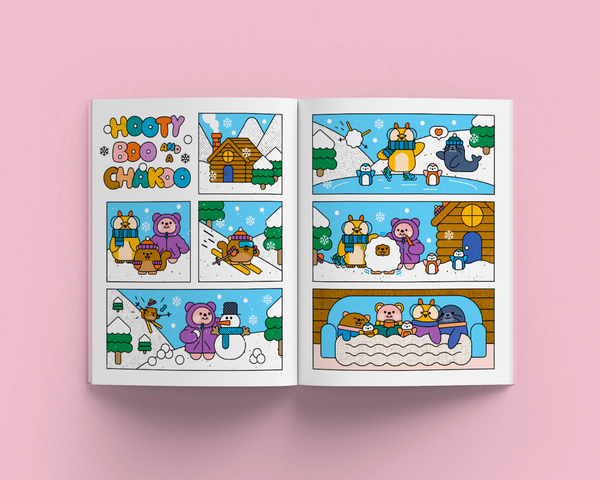 Open book showing a comic featuring an owl, bear, and a squirrel.