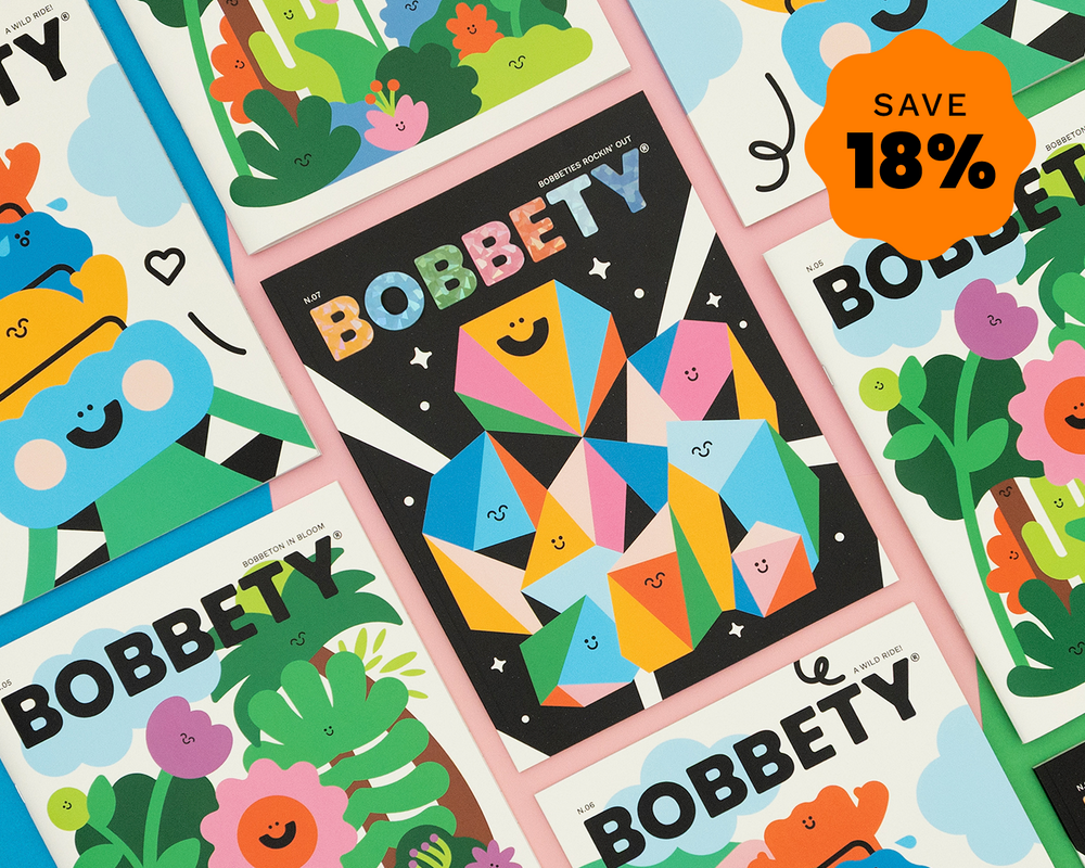 A collage of colorful Bobbety book covers fanned out, featuring playful illustrated characters, flowers, and geometric shapes. One central cover has a black background with a multicolored geometric figure, and an orange badge in the top right says SAVE 18%.