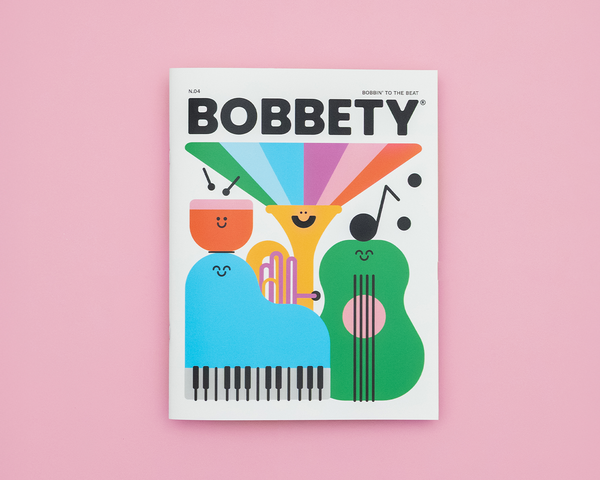 Bobbety Magazine cover with colorful illustrations on a pink background
