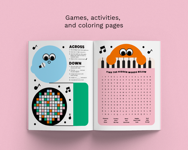 An open children's activity book or magazine on a pink background, showing two spread pages with playful graphics and text. The left page has a blue circular character, a black-and-white patterned circle, and a green panel with the heading 'ACROSS' and 'DOWN.