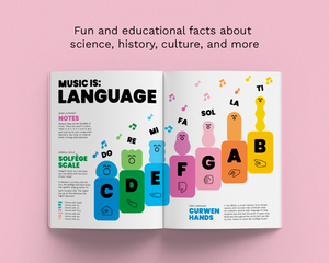 An open book or booklet displayed on a pink background, featuring colorful educational music-themed pages with text such as 'MUSIC IS: LANGUAGE' and illustrated letters and musical notes. Black text at the top reads, 'Fun and educational facts about science, history, culture, and more.