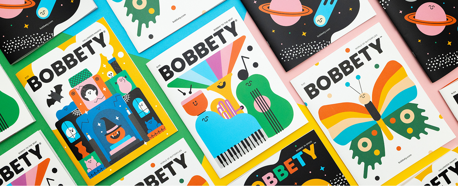 Collection of colorful children's magazine covers featuring the title 'Bobbety'.