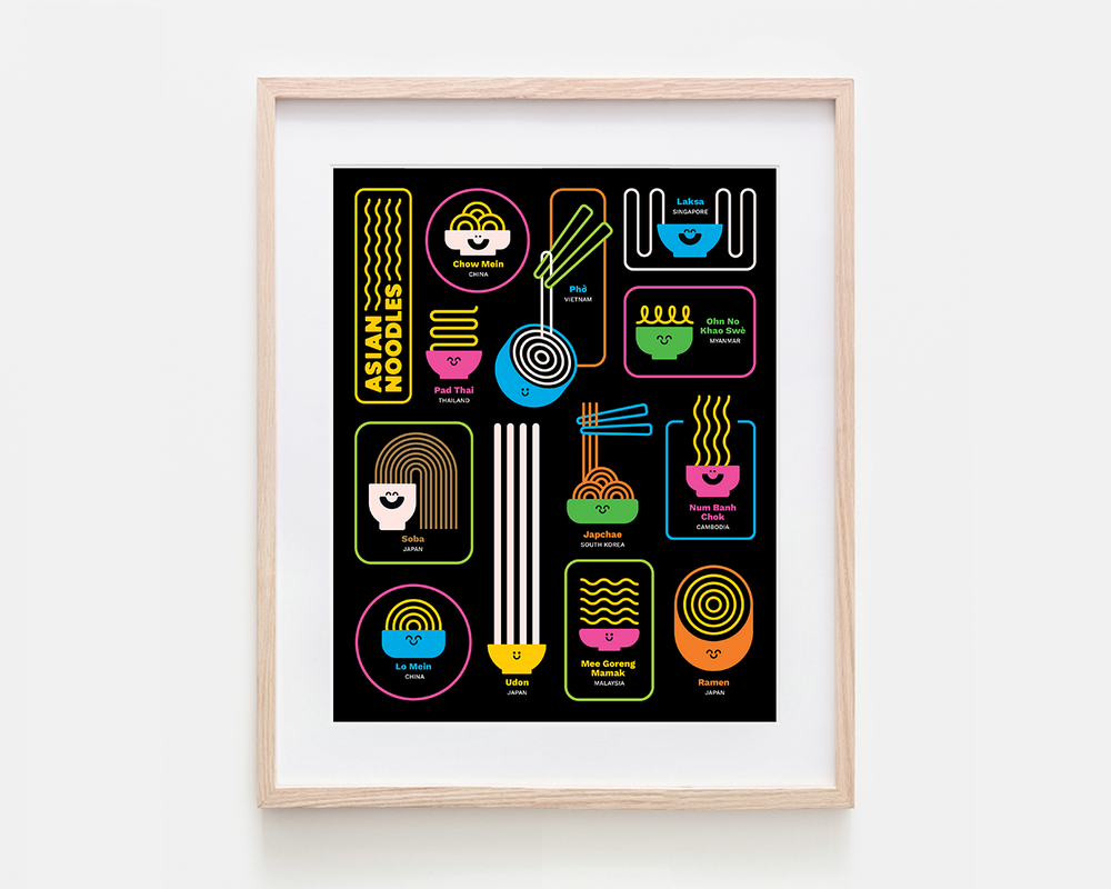 A framed art print featuring colorful vector illustrations of various Asian noodles and bowls on a black background, housed in a light natural wood frame with a white mat, shown against a plain white wall.
