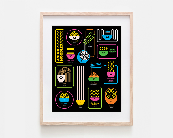 A framed art print featuring colorful vector illustrations of various Asian noodles and bowls on a black background, housed in a light natural wood frame with a white mat, shown against a plain white wall.