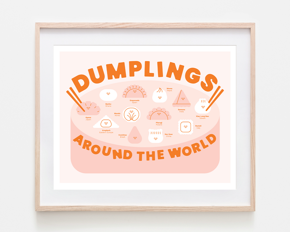 A framed art print titled 'Dumplings Around the World' featuring a minimalist infographic style illustration in orange and pastel pink, set in a light natural wood frame with a white mat.
