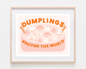 A framed art print titled 'Dumplings Around the World' featuring a minimalist infographic style illustration in orange and pastel pink, set in a light natural wood frame with a white mat.