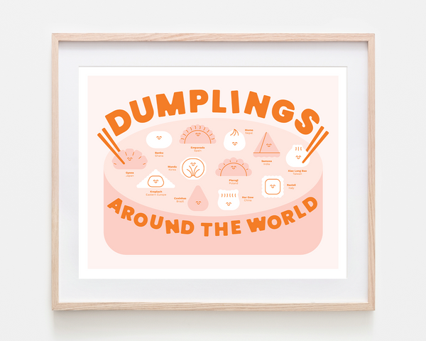 A framed art print titled 'Dumplings Around the World' featuring a minimalist infographic style illustration in orange and pastel pink, set in a light natural wood frame with a white mat.