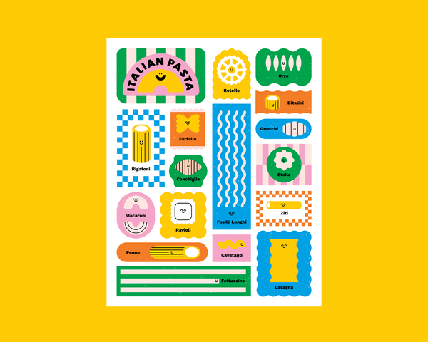A sheet of colorful Italian pasta-themed stickers on a solid yellow background. The stickers feature various pasta shapes like rigatoni, fusilli, penne, and macaroni with Italian words and labels in a playful, cartoon-style illustration.