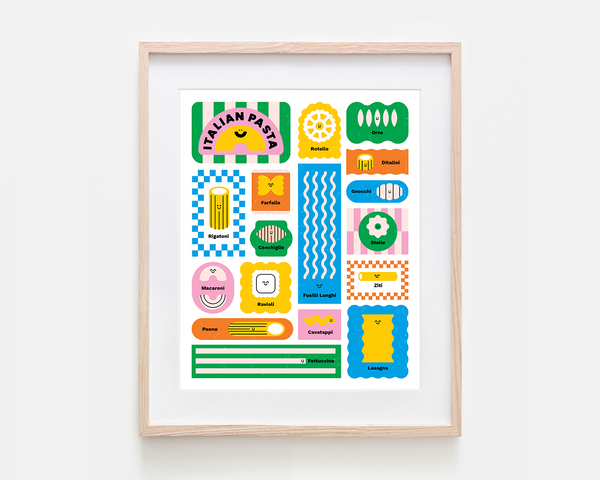 A framed art print featuring a colorful collection of retro-style Italian pasta-themed labels and stickers, displayed in a light wood frame against a clean white background.
