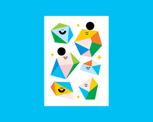 A white rectangular print or card featuring six colorful geometric figures with simple black smiley faces, centered on a bright blue background.