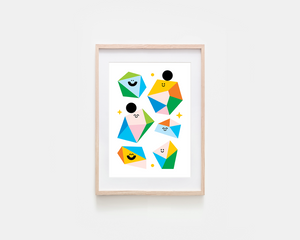 A framed art print featuring colorful geometric figures with minimalist faces, displayed on a light gray wall. The print has a white background with abstract shapes in green, blue, yellow, orange, pink, and black, enclosed in a light natural wood frame.