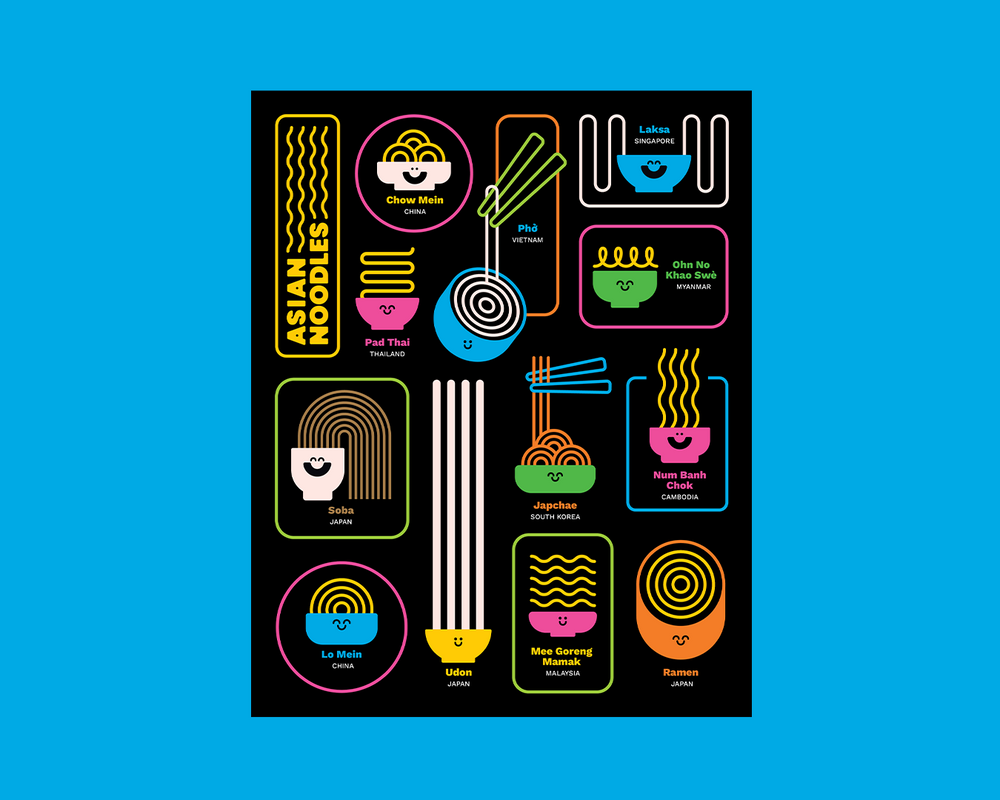 A framed art print featuring colorful vector illustrations of various Asian noodles and bowls on a black background, housed in a light natural wood frame with a white mat, shown against a plain white wall.