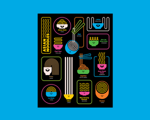 A black poster featuring colorful neon-style illustrations of various Asian noodle dishes, including Pad Thai, Ramen, Udon, set against a bright blue background.
