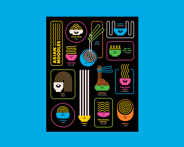 A black poster featuring colorful neon-style illustrations of various Asian noodle dishes, including Pad Thai, Ramen, Udon, set against a bright blue background.