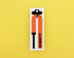Bookmark with orange cartoon pirate with 'BOBBETY' branding on a yellow background