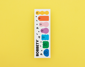 Bookmark with singing cartoon characters with 'BOBBETY' branding on a yellow background