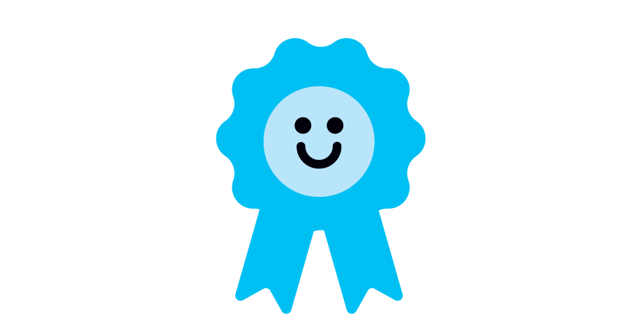 A bright blue ribbon award badge icon with a light blue circular center and a simple black smiling face, shown on a plain white background.