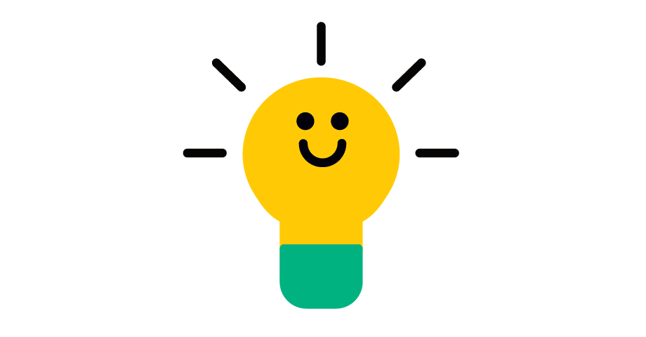 A stylized light bulb icon with a yellow glowing bulb shape, a green base, and black rays and facial features on a plain white background.