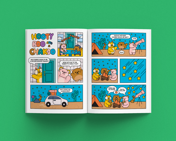 Comic book page with cartoon characters on a green background